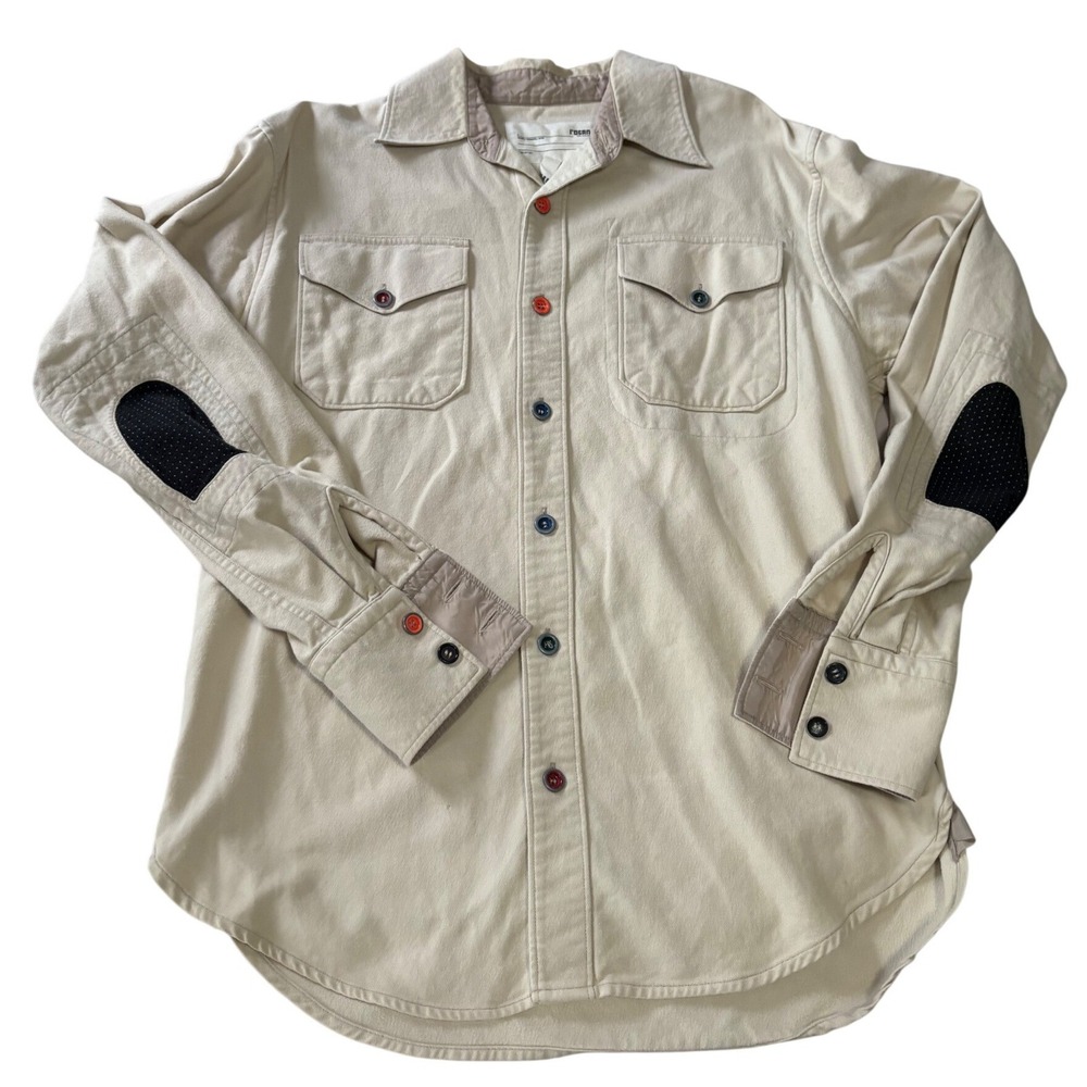 Vintage Y2K Rogan NYC Standard Issue Work Shirt Mens Large Beige Elbow Patches